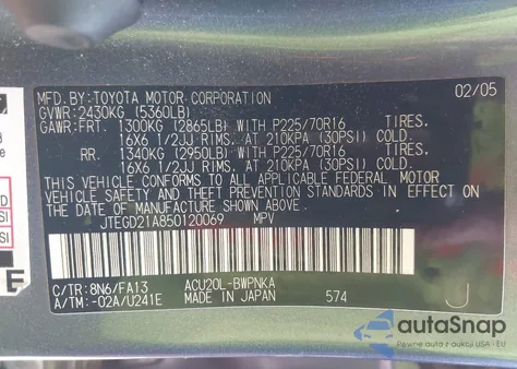 2005 Toyota Highlander z USA, uszkodzony, nr VIN JTEGD21A850120069